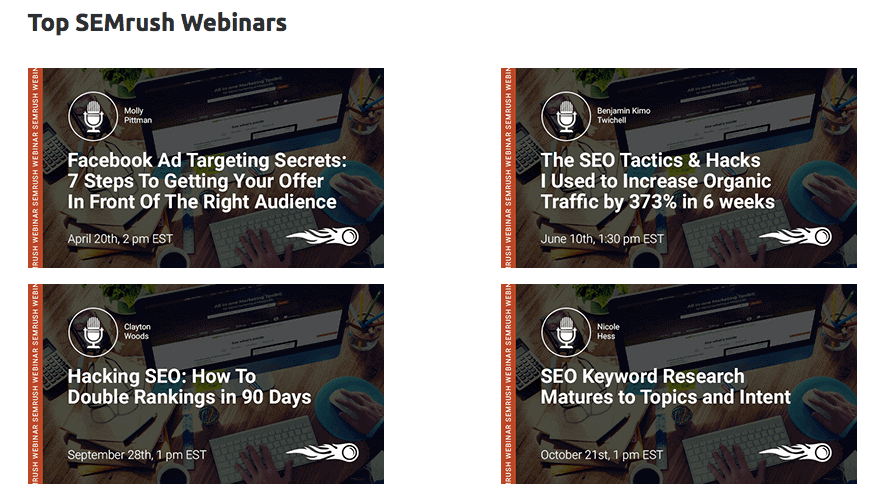SEMrush Review - SEMrush also organizes webinars on a regular basis where they unveil new features and provide some actionable tips to improve your SEO and PPC.