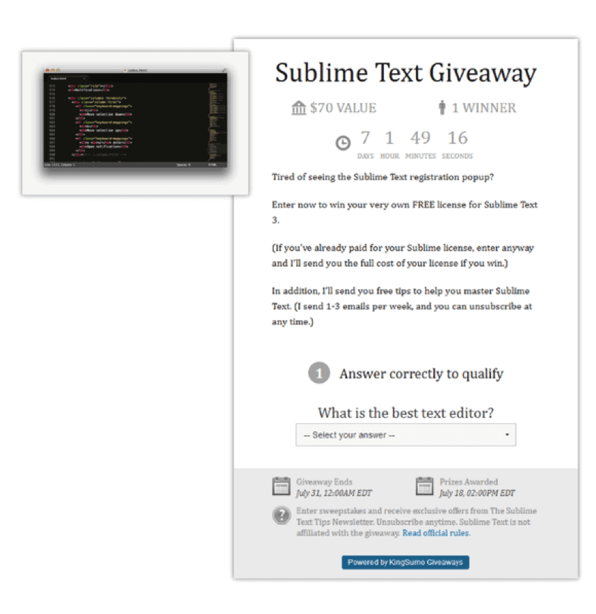Giveaway Contest Example: Sublime Text