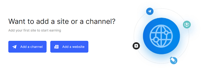 A Collaborator screen asking users whether they want to add a website or a channel to start earning, illustrating the publisher onboarding choice.