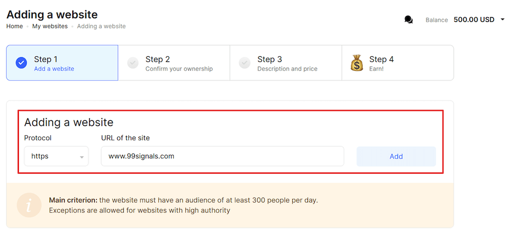 A screenshot from Collaborator showing "Step 1: Add a website" with fields for protocol and site URL, highlighting the initial website setup process.