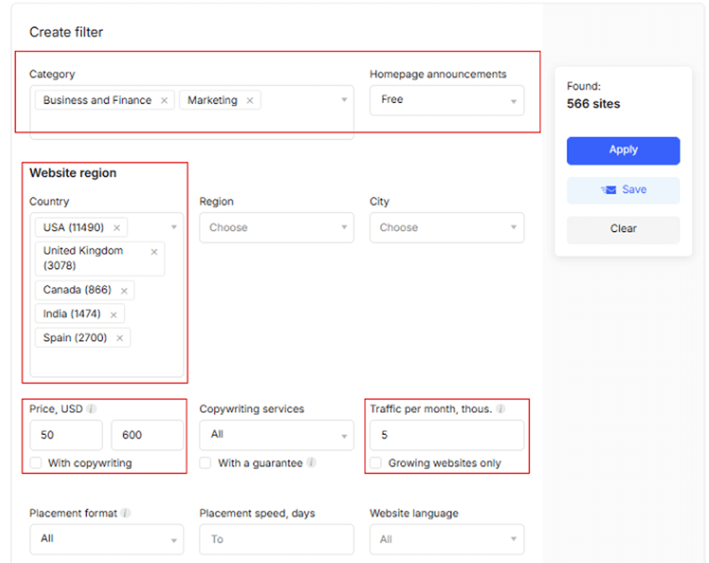 A "Create filter" section on Collaborator showing advanced filter options for advertisers, including category, region, price range, and monthly traffic.