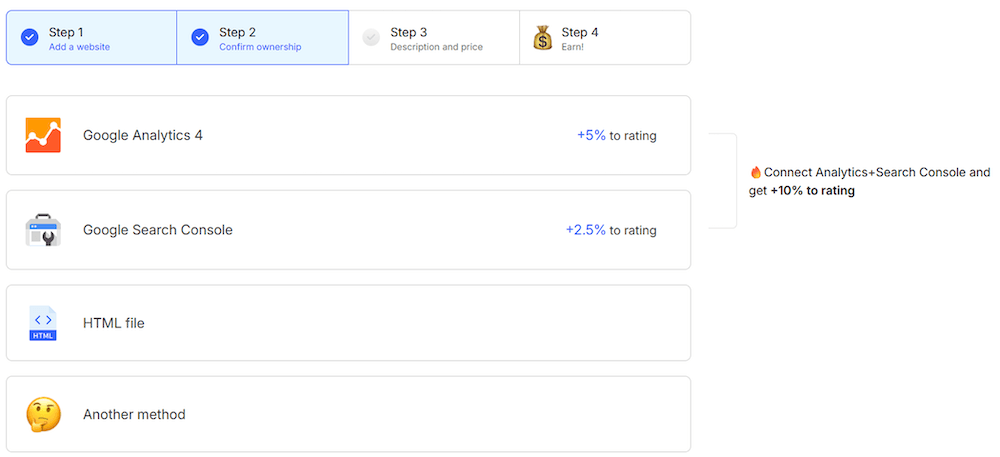 A screenshot from Collaborator showing "Step 2: Confirm ownership" with options like Google Analytics 4, Google Search Console, and HTML file for website verification.