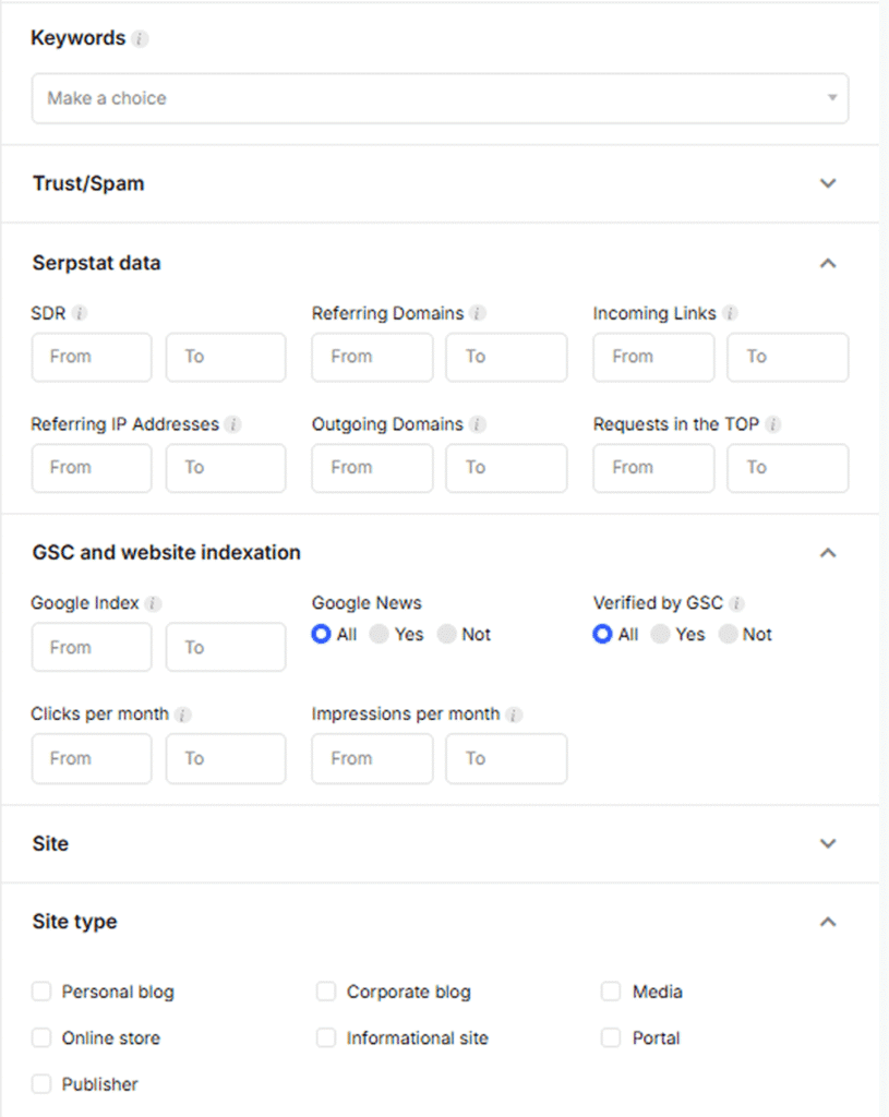 A screenshot of Collaborator's interface showing various filter options for advertisers, including keywords, trust/spam, Serpstat, and GA/GSC data.