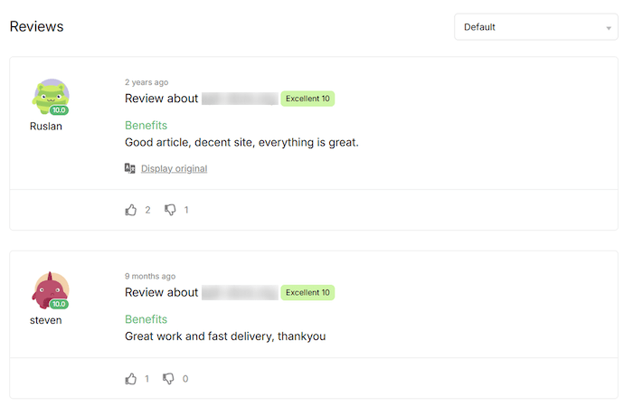 A section of the Collaborator platform displaying positive user reviews with ratings, indicating satisfaction with the service.