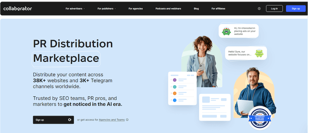 The homepage of the Collaborator PR Distribution Marketplace, showcasing its global reach and primary service for content distribution.