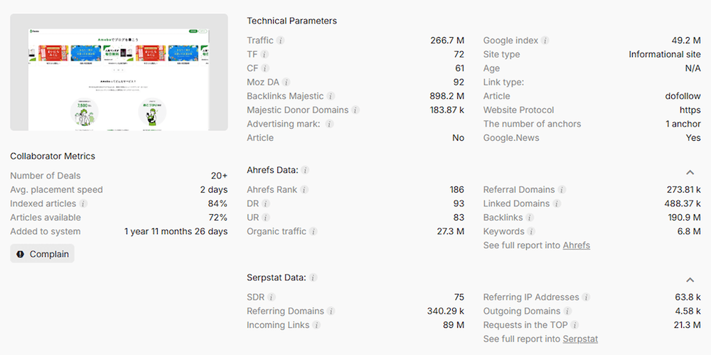 A detailed dashboard view on Collaborator displaying technical parameters, Ahrefs data, Serpstat data, and collaborator metrics for a website.