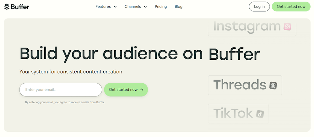 The homepage of Buffer, a social media management and content creation platform