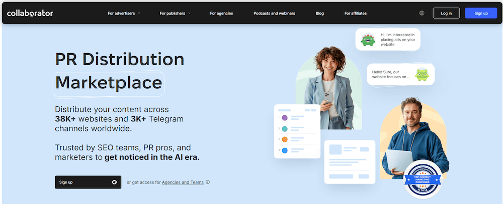 Screenshot of the Collaborator PR Distribution Marketplace , a leading content distribution platform for maximum ROI.
