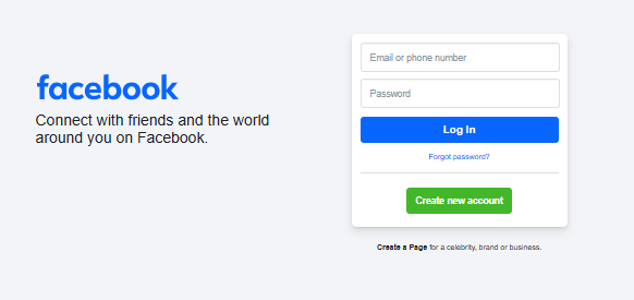 The login page for Facebook, a prominent social media platform for content distribution