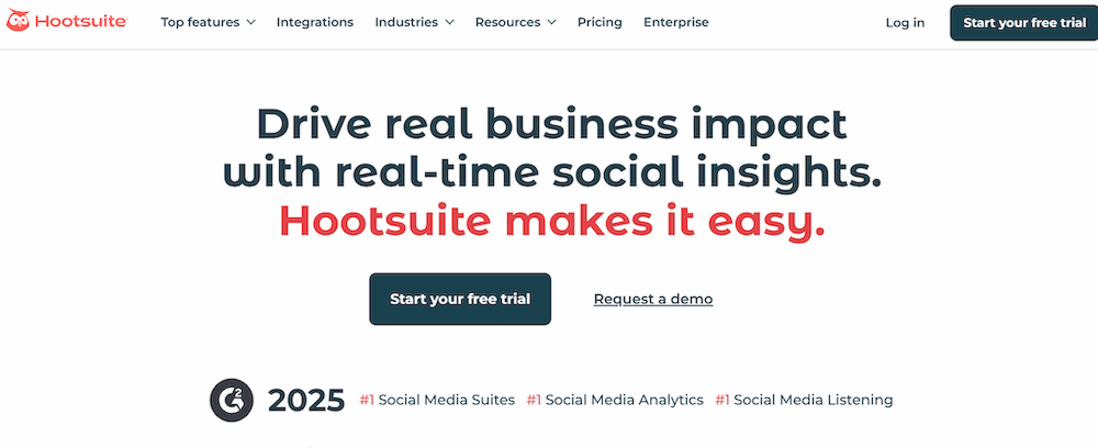 The Hootsuite homepage, showcasing its social media management and analytics suite