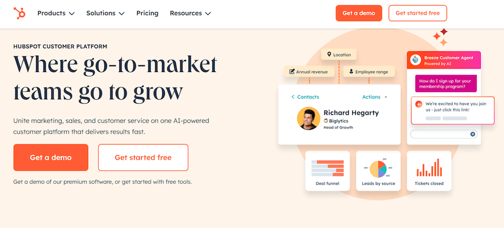 The HubSpot Customer Platform homepage, an integrated marketing and sales platform