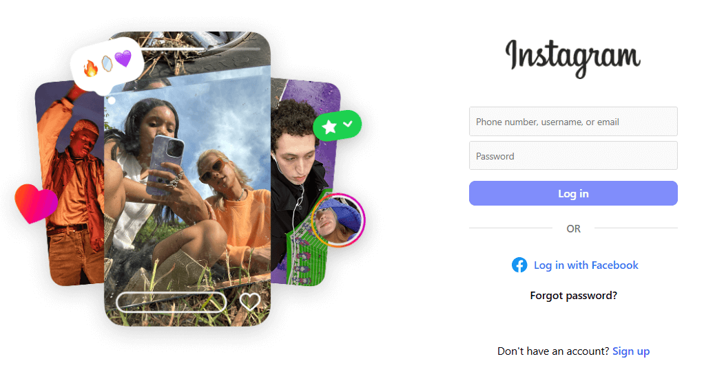 The Instagram login page with examples of visual content, representing a key social media platform 