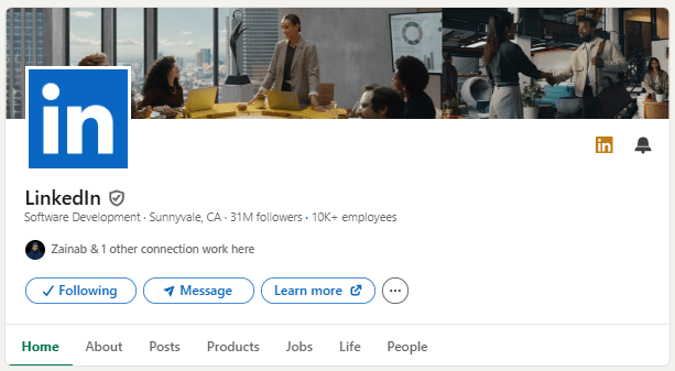 A LinkedIn company profile, illustrating the professional networking platform's role in content distribution