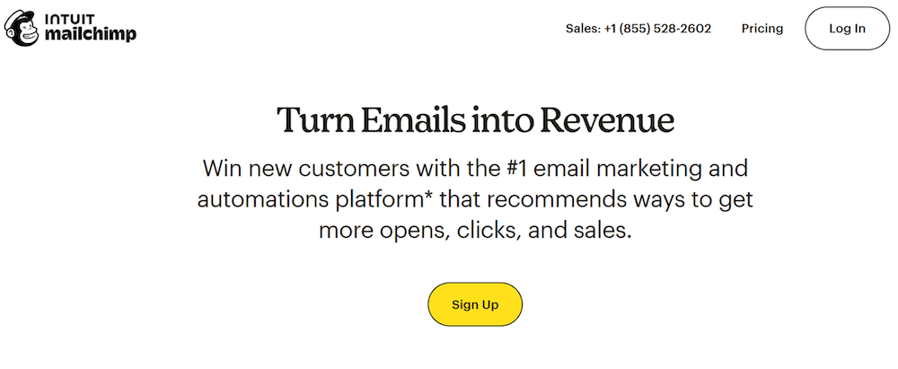 The Mailchimp homepage, an email marketing and automation platform