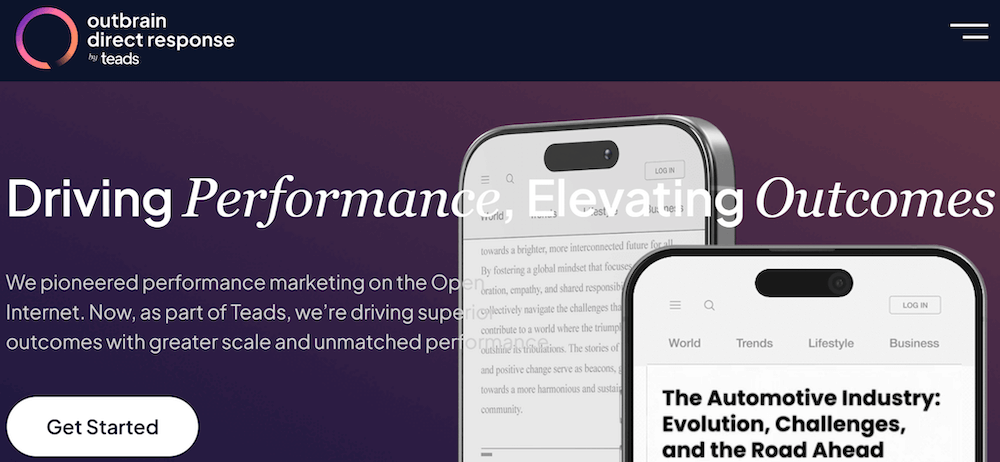 The Outbrain direct response platform homepage, showcasing its native advertising capabilities for content distribution