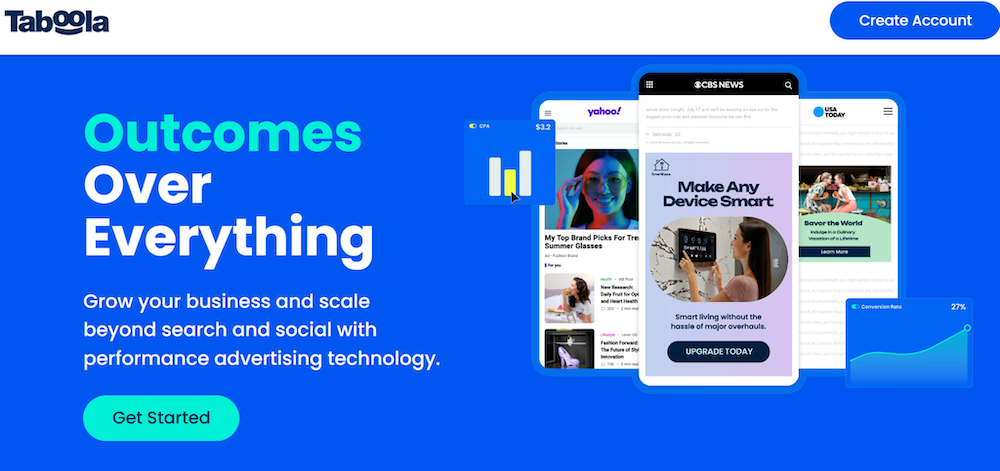 The Taboola homepage, focusing on its performance advertising technology for content distribution