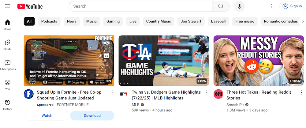 The YouTube homepage, the leading video content distribution platform